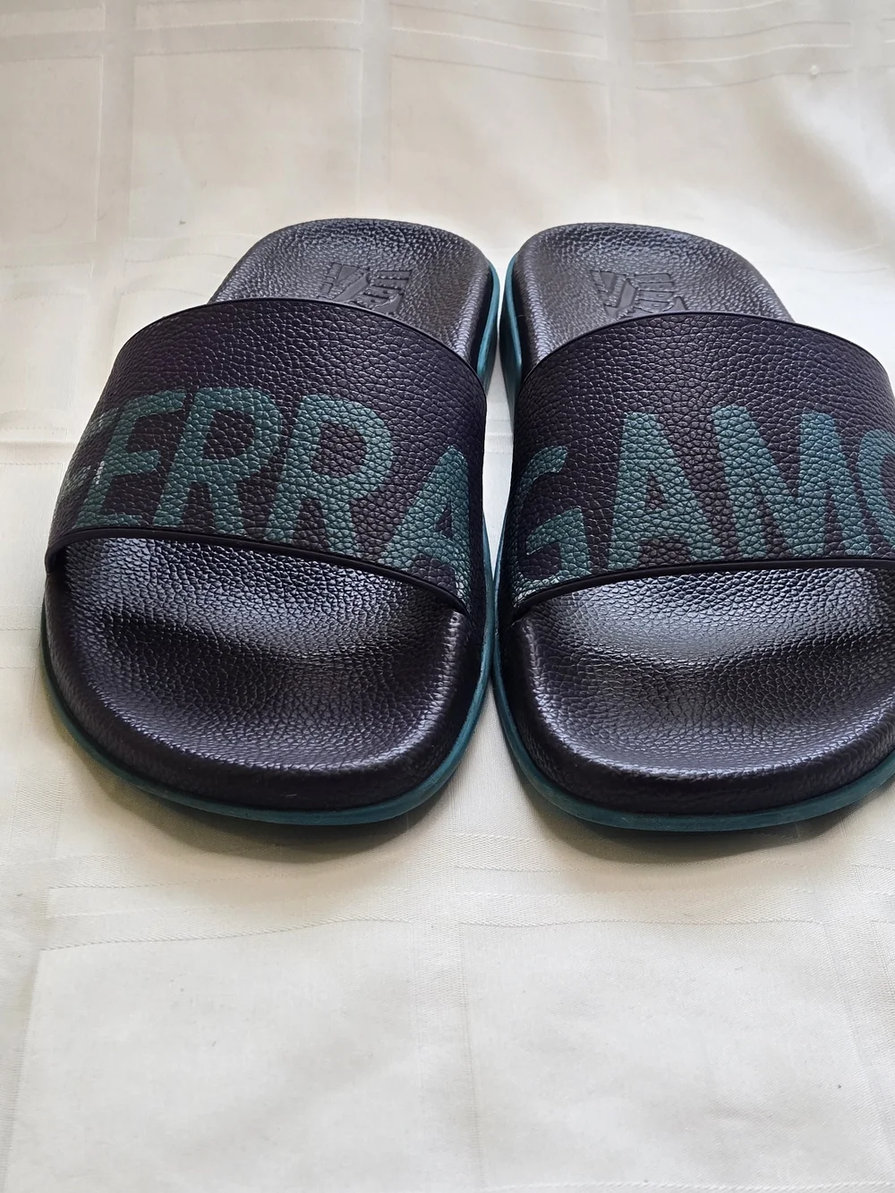 Salvatore Ferragamo Amos Logo Rubber Slide Sandals Purple Teal Men's Size 12
